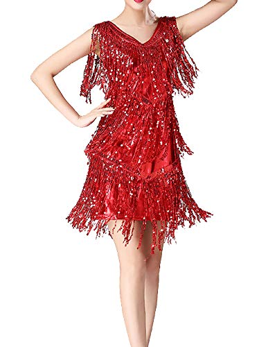 Mujer Vestido Danza Latín Zumba Borla Lentejuelas Cuello V Sin Mangas Dancewear Rojo XL