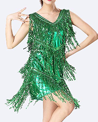 Mujer Vestido Danza Latín Zumba Borla Lentejuelas Cuello V Sin Mangas Dancewear Verde XL