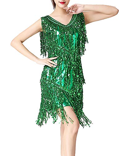 Mujer Vestido Danza Latín Zumba Borla Lentejuelas Cuello V Sin Mangas Dancewear Verde XL