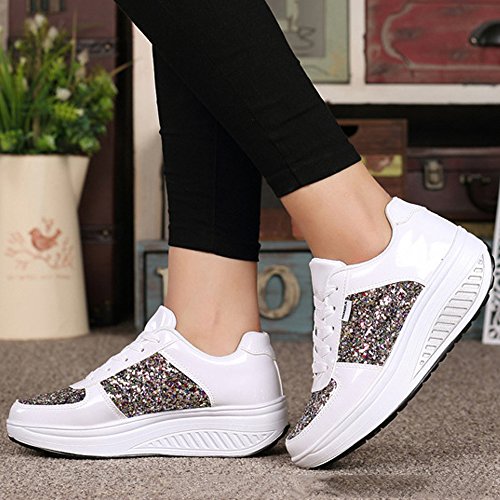 Mujer Zapatillas de Deporte Cuña Zapatos para Caminar Aptitud Plataforma Sneakers con Cordones Calzado de Tacón 4cm Blanco EU 39 Mujer Zapatillas de Deporte Cuña Zapatos para Caminar Aptitud Plataforma Sneakers con Cordones Calzado de Tacón 4cm Blanco EU 39