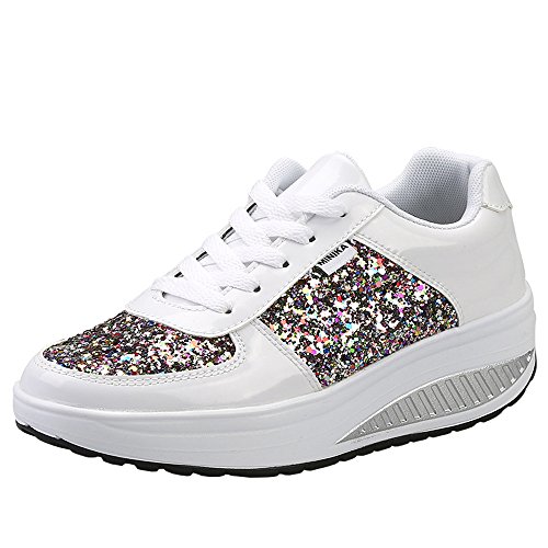 Mujer Zapatillas de Deporte Cuña Zapatos para Caminar Aptitud Plataforma Sneakers con Cordones Calzado de Tacón 4cm Blanco EU 39 Mujer Zapatillas de Deporte Cuña Zapatos para Caminar Aptitud Plataforma Sneakers con Cordones Calzado de Tacón 4cm Blanco EU 39