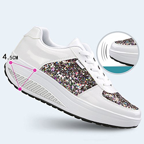 Mujer Zapatillas de Deporte Cuña Zapatos para Caminar Aptitud Plataforma Sneakers con Cordones Calzado de Tacón 4cm Blanco EU 39