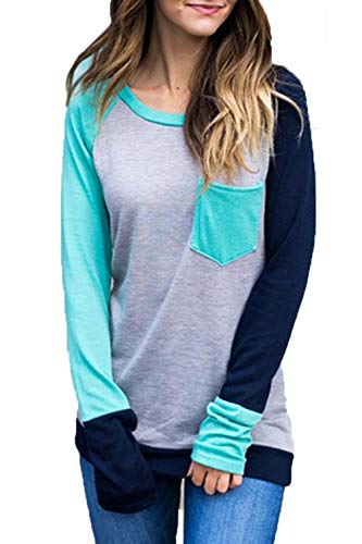 Mujeres Casual Camiseta Otoño Manga Larga Colorblock Bolsillos Top tee Azul S