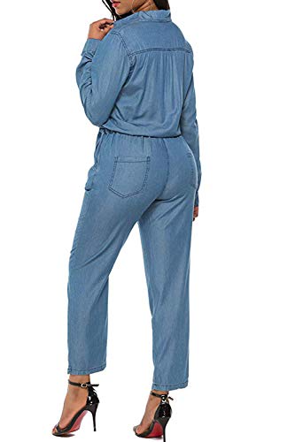 Mujeres Denim Romper Manga Larga Tobillo Pantalones Vaqueros Pantalones Monos Azul XXL