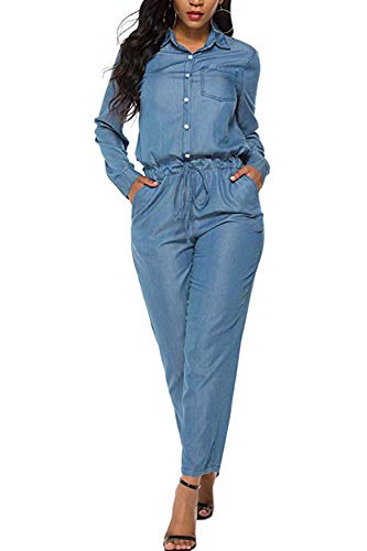 Mujeres Denim Romper Manga Larga Tobillo Pantalones Vaqueros Pantalones Monos Azul XXL