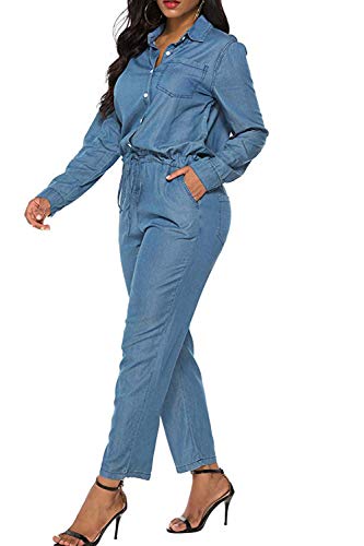 Mujeres Denim Romper Manga Larga Tobillo Pantalones Vaqueros Pantalones Monos Azul XXL