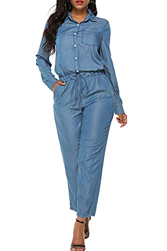 Mujeres Denim Romper Manga Larga Tobillo Pantalones Vaqueros Pantalones Monos Azul XXL