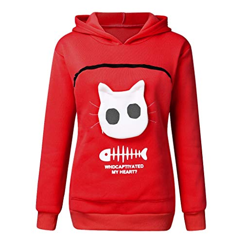 Mujeres Sudadera Portador de Mascotas Sudadera Canguro con Capucha Niña Jersey Bolsillo Funcional de Gato Ropa Tumblr Adolescente Chica Streetwear HULKY(Rojo,M)