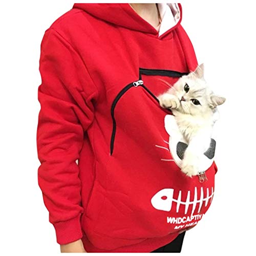 Mujeres Sudadera Portador de Mascotas Sudadera Canguro con Capucha Niña Jersey Bolsillo Funcional de Gato Ropa Tumblr Adolescente Chica Streetwear HULKY(Rojo,M)