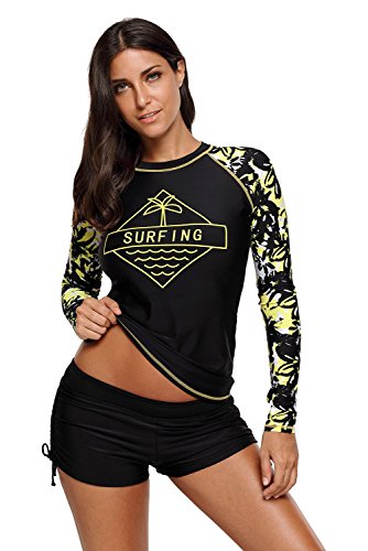 Mujeres Traje de Manga Larga Floral Rashguard UV Protección Camiseta Bañador para Buceo Natación Surf