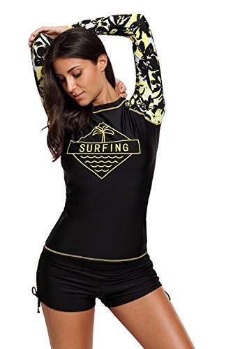 Mujeres Traje de Manga Larga Floral Rashguard UV Protección Camiseta Bañador para Buceo Natación Surf