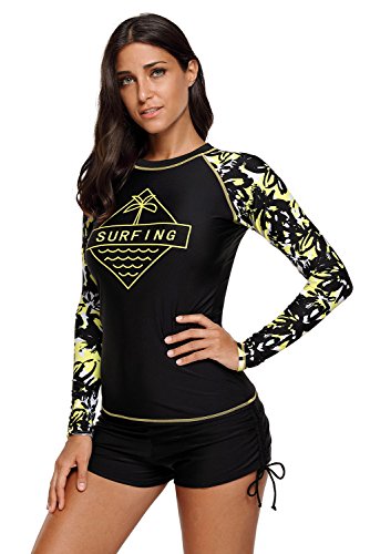 Mujeres Traje de Manga Larga Floral Rashguard UV Protección Camiseta Bañador para Buceo Natación Surf