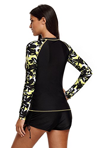 Mujeres Traje de Manga Larga Floral Rashguard UV Protección Camiseta Bañador para Buceo Natación Surf