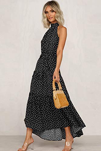 Mujeres Verano Bohemio Vestido Halter Sin Mangas Skater Floral Maxi Vestidos Negro L