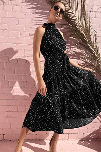 Mujeres Verano Bohemio Vestido Halter Sin Mangas Skater Floral Maxi Vestidos Negro L