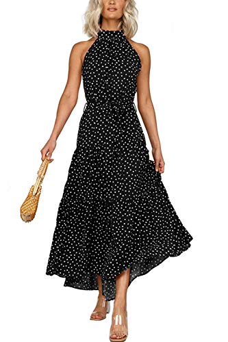 Mujeres Verano Bohemio Vestido Halter Sin Mangas Skater Floral Maxi Vestidos Negro L