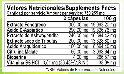 Multi Testosterone | Testosterona Natural| Bioperine® Fenogreco Tribulus D-aspartico Ashwagandha Citrulina| (90)