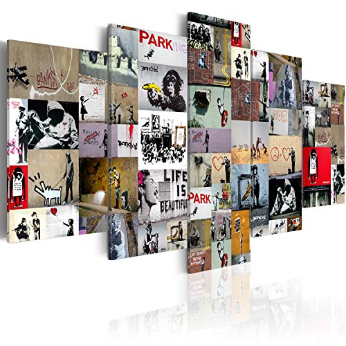 murando - Cuadro en Lienzo 200x100 cm Banksy Impresión de 5 Piezas Material Tejido no Tejido Impresión Artística Imagen Gráfica Decoracion de Pared Abstracto i-C-0092-b-n Collage
