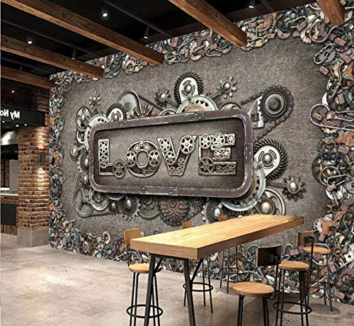 Murando Fotomurales 3D Mural 3D Europea Retro Metal Gear Papel Tapiz Ktv Ocio Bar Mural Salón Bar Maquinaria Industria Amor Papel Tapiz-300 * 210 Cm