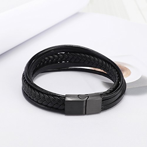 murtoo Pulsera Hombre Cuero Acero Inoxidable Cierre Magnética Negro Cuero Marrón Negro Trenzada Brazalete Negro 20cm