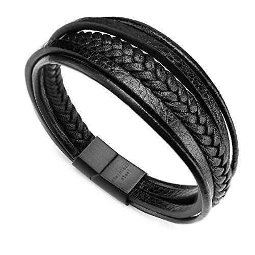 murtoo Pulsera Hombre Cuero Acero Inoxidable Cierre Magnética Negro Cuero Marrón Negro Trenzada Brazalete Negro 20cm