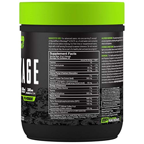 Muscle Pharm Wreckage – Suplemento previo al entrenamiento - Citrulina - Té verde - Ginseng - Astragalus - Beta Alanina - Taurina - Tirosina - Café verde - Paquete de 1 x (362g, Watermelon)