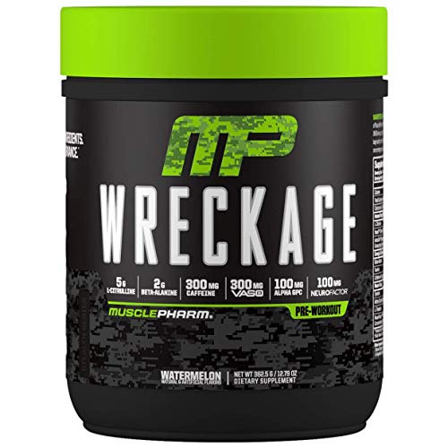 Muscle Pharm Wreckage – Suplemento previo al entrenamiento - Citrulina - Té verde - Ginseng - Astragalus - Beta Alanina - Taurina - Tirosina - Café verde - Paquete de 1 x (362g, Watermelon)