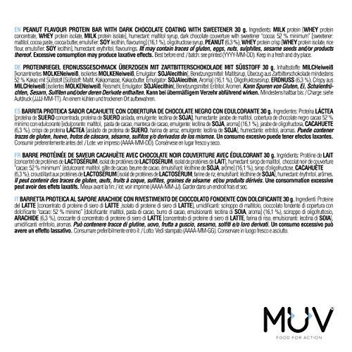 Muv Food For Action - Barras de proteína bajas en azúcar con chocolate y crujiente de cacahuete, 12 unidades de 30 g