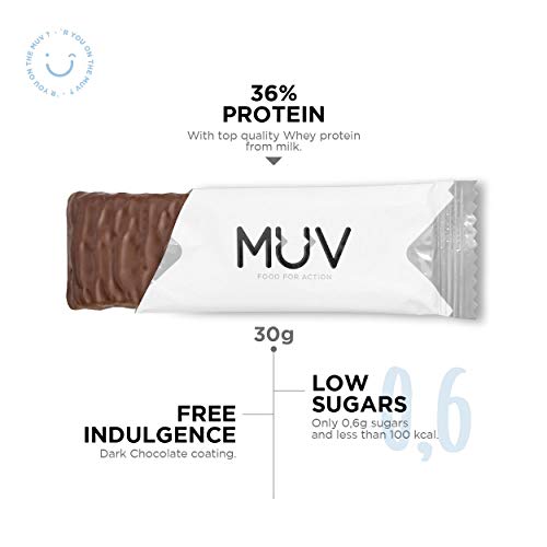 Muv Food For Action - Barras de proteína bajas en azúcar con chocolate y crujiente de cacahuete, 12 unidades de 30 g