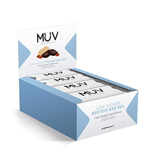 Muv Food For Action - Barras de proteína bajas en azúcar con chocolate y crujiente de cacahuete, 12 unidades de 30 g
