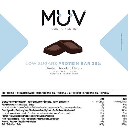 Muv Food For Action - Barras de proteĂna bajas en azĂșcar sabor doble chocolate, 12 unidades de 30Â g Muv Food For Action - Barras de proteĂna bajas en azĂșcar sabor doble chocolate, 12 unidades de 30Â g