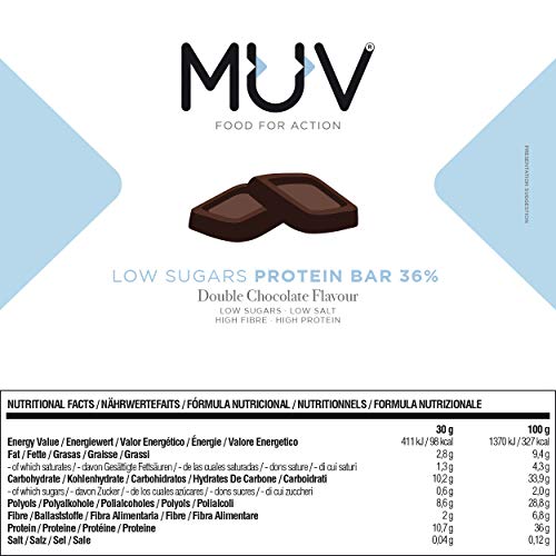 Muv Food For Action - Barras de proteína bajas en azúcar sabor doble chocolate, 12 unidades de 30 g