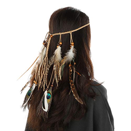 Mwoot Diadema para el Pelo de Pavo Real Pluma Venda, Indio Hippie Bohemia Banda para el Cabello Tocado De Disfraces Tribal Accesorios para el Cabello para Mujeres Niñas