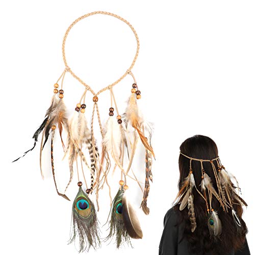 Mwoot Diadema para el Pelo de Pavo Real Pluma Venda, Indio Hippie Bohemia Banda para el Cabello Tocado De Disfraces Tribal Accesorios para el Cabello para Mujeres Niñas