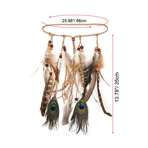 Mwoot Diadema para el Pelo de Pavo Real Pluma Venda, Indio Hippie Bohemia Banda para el Cabello Tocado De Disfraces Tribal Accesorios para el Cabello para Mujeres Niñas