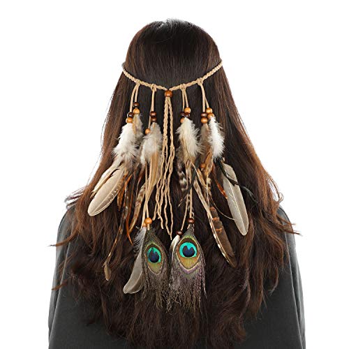 Mwoot Diadema para el Pelo de Pavo Real Pluma Venda, Indio Hippie Bohemia Banda para el Cabello Tocado De Disfraces Tribal Accesorios para el Cabello para Mujeres Niñas