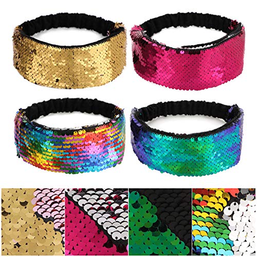Mwoot Diademas elásticas para niñas, 4 Piezas, Banda de Brillo Reversible para el Cabello Brillante con Lentejuelas Mwoot Diademas elásticas para niñas, 4 Piezas, Banda de Brillo Reversible para el Cabello Brillante con Lentejuelas