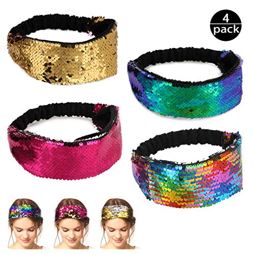 Mwoot Diademas elásticas para niñas, 4 Piezas, Banda de Brillo Reversible para el Cabello Brillante con Lentejuelas Mwoot Diademas elásticas para niñas, 4 Piezas, Banda de Brillo Reversible para el Cabello Brillante con Lentejuelas