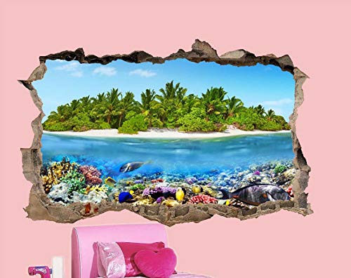 MXLYR Pegatinas de pared Etiqueta de la pared del arrecife de peces de la isla tropical 3D Art Poster Mural Decoración
