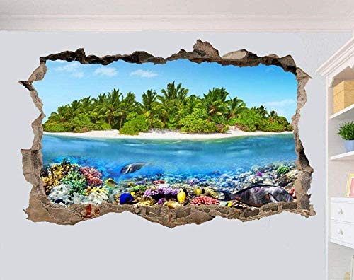 MXLYR Pegatinas de pared Etiqueta de la pared del arrecife de peces de la isla tropical 3D Art Poster Mural Decoración