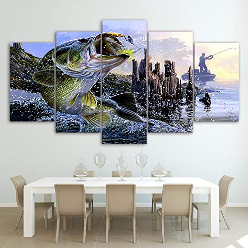 Mxsnow 5 Cuadro sobre Lienzo Marco De Madera Mural HD Canvas Pictures Prints Fish Poster Largemouth Bass Fishing Painting Impresiones En Lienzo