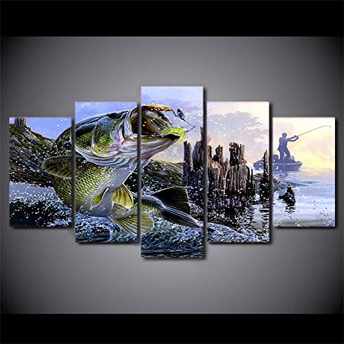 Mxsnow 5 Cuadro sobre Lienzo Marco De Madera Mural HD Canvas Pictures Prints Fish Poster Largemouth Bass Fishing Painting Impresiones En Lienzo