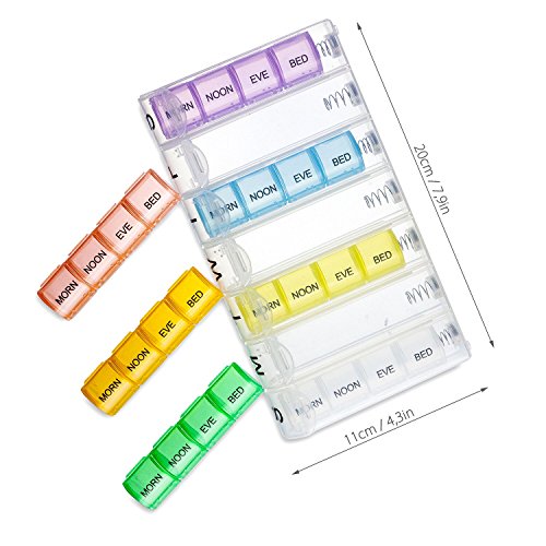 MyGadget Pastillero Semanal [4 tomas - 7 días] - Caja organizador de Pastillas - Pill Box de viaje, 28 Compartimientos y Dosificador diario de Colores
