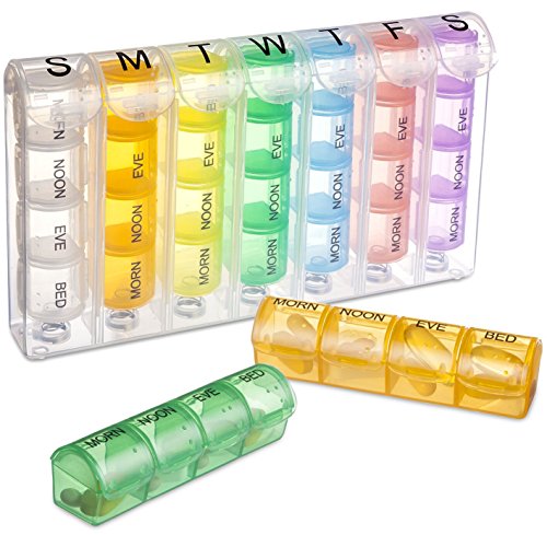 MyGadget Pastillero Semanal [4 tomas - 7 días] - Caja organizador de Pastillas - Pill Box de viaje, 28 Compartimientos y Dosificador diario de Colores