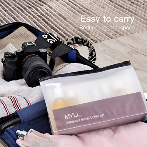 MYLL 14 Piezas Botes para Viaje Vacios (MAX.100ml) Rellenables Set Botellas de Plástico, Kit Viaje Avion para Champu, Cosmetica