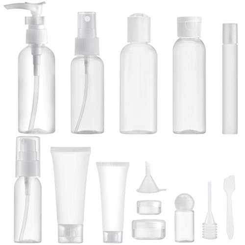 MYLL 14 Piezas Botes para Viaje Vacios (MAX.100ml) Rellenables Set Botellas de Plástico, Kit Viaje Avion para Champu, Cosmetica