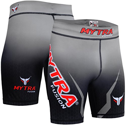 Mytra Fusion Pantalones Cortos de compresión térmica para MMA, Crossfit con Capa Base, para Correr y Vale tudo (Negro y Gris, Peque&ntilde