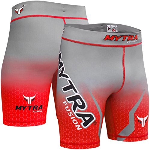 Mytra Fusion Tudo – Pantalones Cortos de compresión Shorts MMA térmica compresión Pantalones Cortos Crossfit Base Capa Running Short Heat Gear Trunks Vale Tudo (Gery, tamaño Grande), Color Rojo