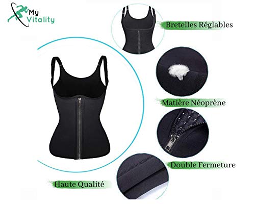 MYVITALITY - Cinturón de sudación para mujer, chaleco de sudación abdominal, camiseta reductora de neopreno – pérdida de peso y vientre plano + libro electrónico de regalo
