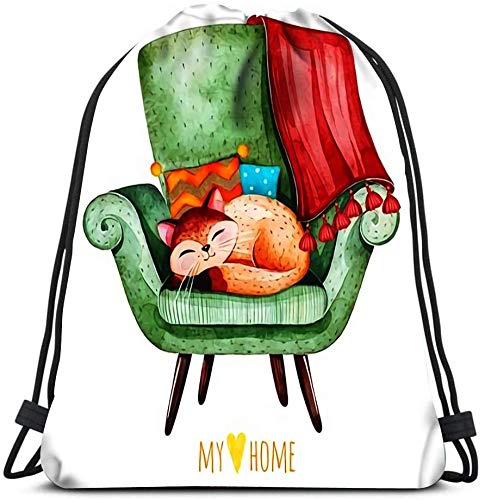 N / A Mochila con cordón Encantador Acuarela Dormir Lindo Gatito en una acogedora Silla Verde Bolsa de lavandería Gimnasio Bolsa de Yoga 36 x 43 cm / 14.2 x 16.9 Pulgadas